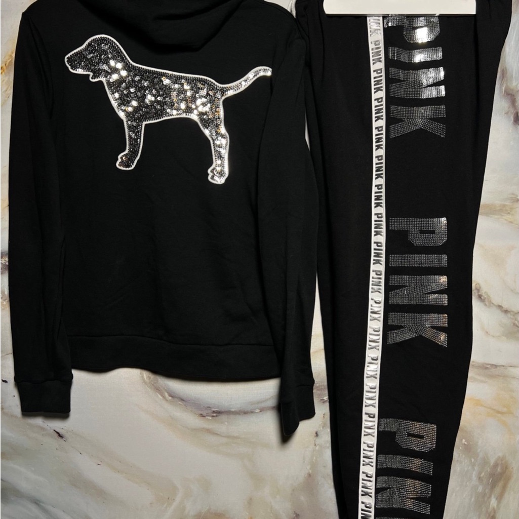 Pink Vs Sequin Hoodie & Jogger Set - Black & Silver